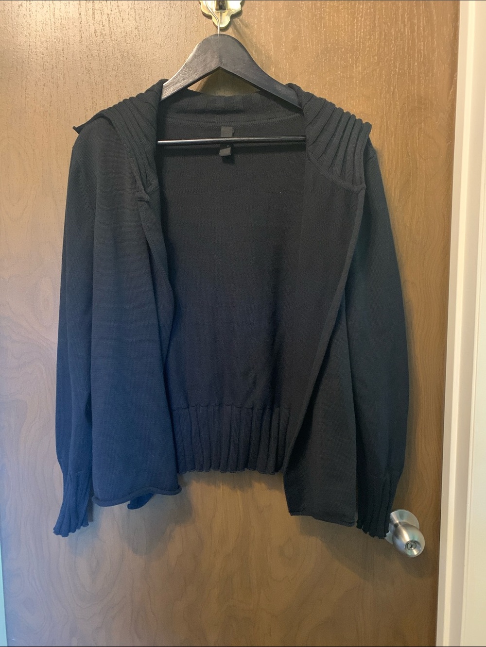 Women's Black Hooded Open-Front Ribbed Hem Cardigan Sweater